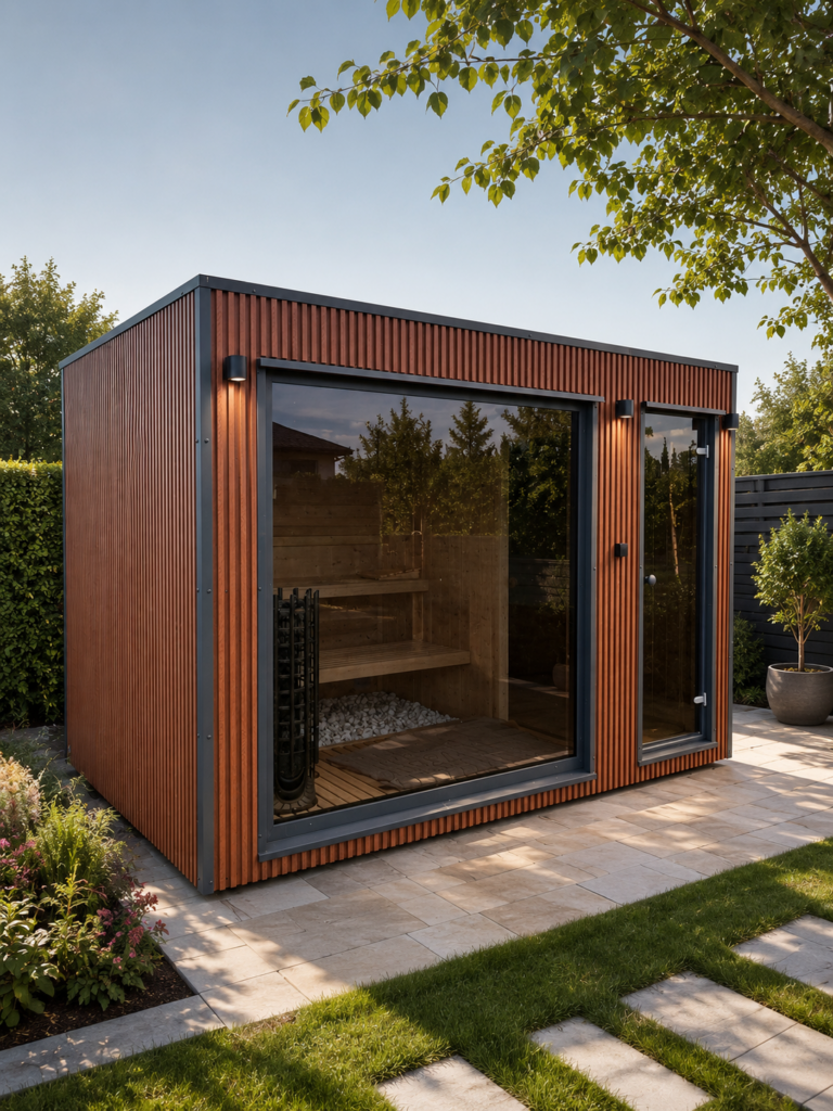 Moderne maatwerk buitensauna in tuin